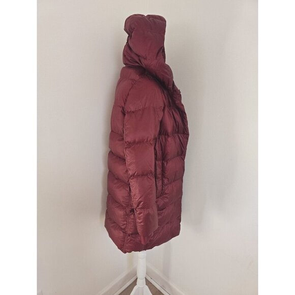Athleta Lofty Goose Down Hooded Maple Burgundy Red Puffer Coat Zip Snap XS - Picture 7 of 16